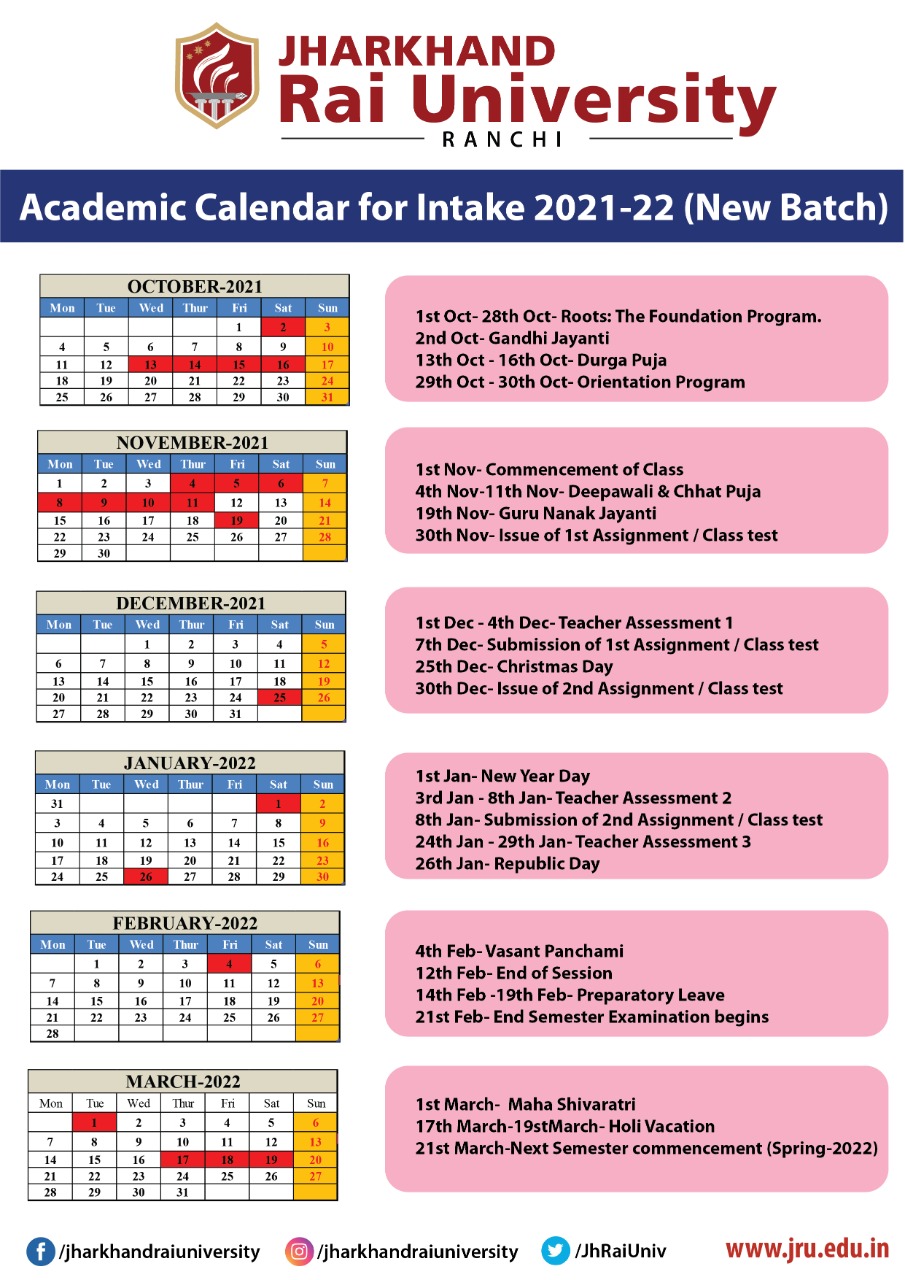 Academic Calendar -Intake 2021-2022 - Jharkhand Rai University (JRU), Ranch...