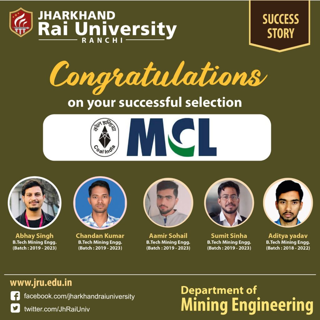 झारखंड राय यूनिवर्सिटी के 5 विद्यार्थियों का एमसीएल में चयन