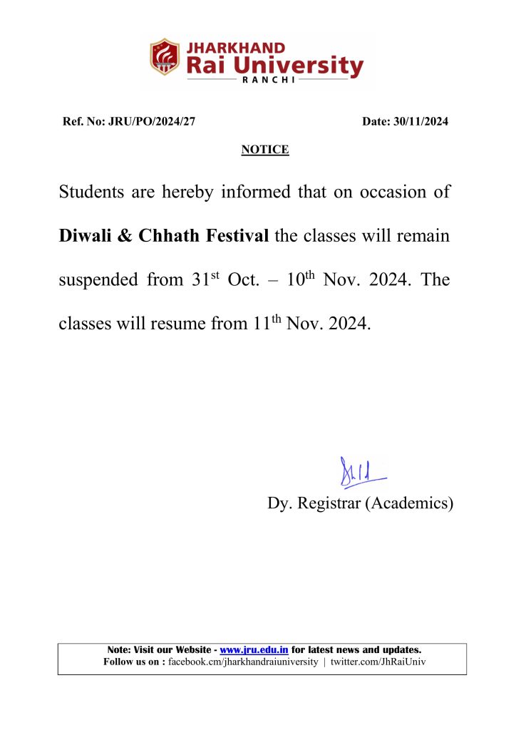 Notice Regarding Diwali & Chhath Festival