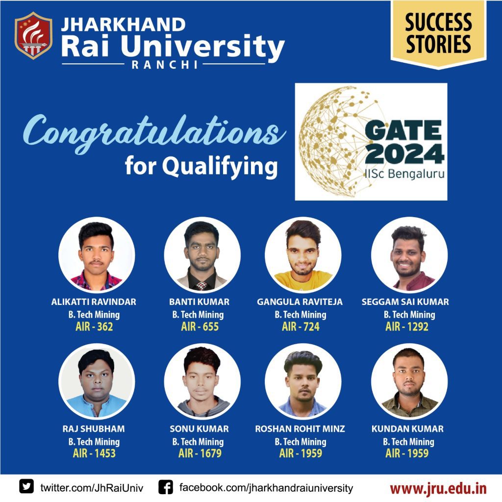 झारखंड राय विश्वविद्यालय के 8 छात्र गेट परीक्षा 2024 में हुए सफल
