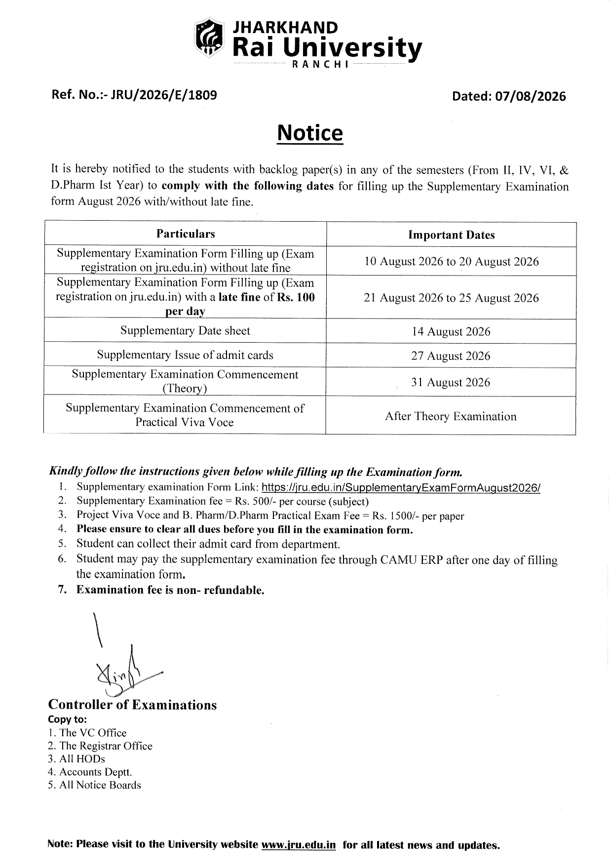 Notice Supplementary Exam August 2026